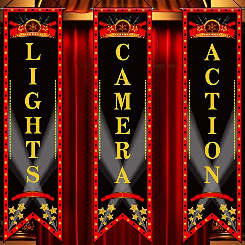 Tegeme 3 Pcs Movie Night Porch Sign Banner Theater Welcome,Black,Delicate | Now Showing Light Camera Action Hanging Signs, Red Black Gold Letters, Cinema Supplies Decor, Film Theme Backdrop