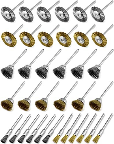 QWORK® 36 Stück Drahtbürste, Messingbürsten Stahldraht Bürste für Reinigungs- und Schleifarbeiten, Kompatibel mit 1/8(3 mm) Griff Dremel Rotationswerkzeug