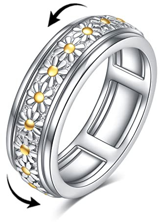 POPLYKE G?nseblümchen-Blumen-Angst-Spinner-Ringe aus Sterlingsilber, drehbare Stimmungsringe, Stressabbau, Geschenk für Frauen (Gr??e 9)