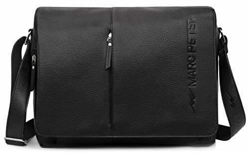 Marc Peter® Bergen leder Umhängetasche für Herren Damen | 15.6 Zoll Laptoptasche | Aktentasche aus echtem leder Schwarz Nappa
