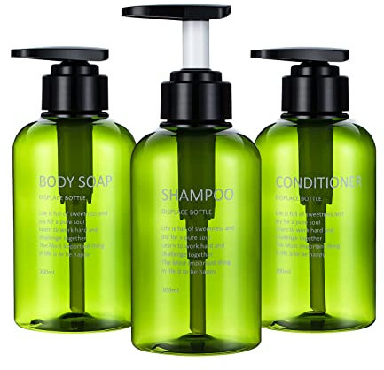 Yeeco Clear Green Pump Bottle,10oz/300ml 3 Packs Shampoo Bottles Shampoo Pump Bottle Refillable Soap Dispenser Shampoo and Conditioner Dispenser for Bathroom, Kitchen, Hotel
