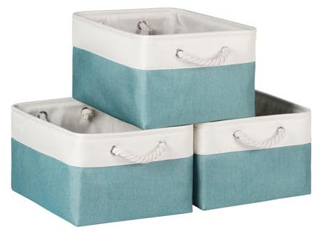 Syeeiex Storage Basket for Shelves [3-Pack], Storage Boxes with Handles, Large Fabric Storage Bins for Organizing Home and Office, White/Teal