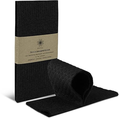 Protea 2er Set ÖKO-Küchentücher & Spültücher kompostierbar - Schwammtücher ökologisch - nachhaltige Reinigungstücher Geschirrtücher - 100% biologisch abbaubar - Made in Germany (Schwarz)