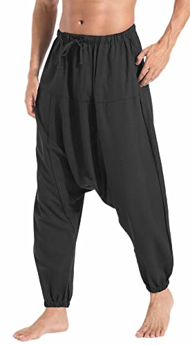 AITFINEISM Men's Drawstring Casual Hippie Harem Pants Loose Drop Crotch Trousers (XL,Pure Black)