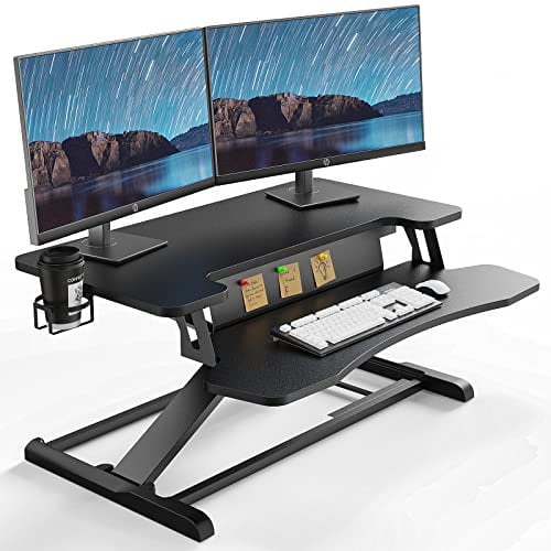 PUTORSEN Standing Desk Converter, 32'' Dual Tiered Sit-Stand Desk Riser with Keyboard Tray, Height Adjustable Computer Workstation with Cup Holder and Note Board up to 15kg, Black (PTSD34-32)
