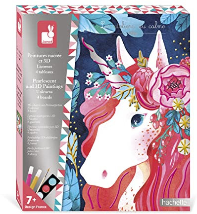 Janod - Coffret Peintures Nacrées et 3D - 4 Tableaux Licornes - Les Ateliers du Calme - Kit Loisir Créatif Enfant - Motricité Fine et Concentration - Dès 7 ans, J07951