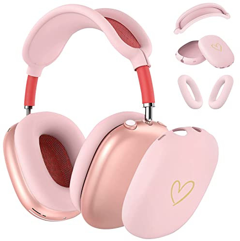 AIIEKZ Schutzhülle für AirPods Max, kratzfestes, weiches Silikon mit goldenem Herzmuster, Ohrmuschel-Abdeckung, Ohrpolster-Abdeckung, Kopfband-Abdeckung für Apple Airpod Max Kopfhörer (Rosa)