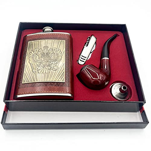 EUROXANTY Set de Petaca y Accesorios | Petaca de Aluminio con Navaja suiza | Petaca para Licores con Embudo | Petaca para Whisky con Tapón imperdible | Navaja, Pipa de Tabaco y Licorera | Escudo