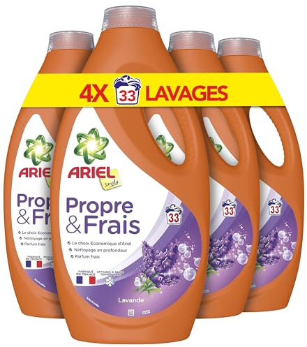 La Bouteille De Lessive Liquide Ariel, 4 x 33 Lavages, Lavande, Nettoyage en profondeur, Le choix économique d’Ariel et Parfum frais