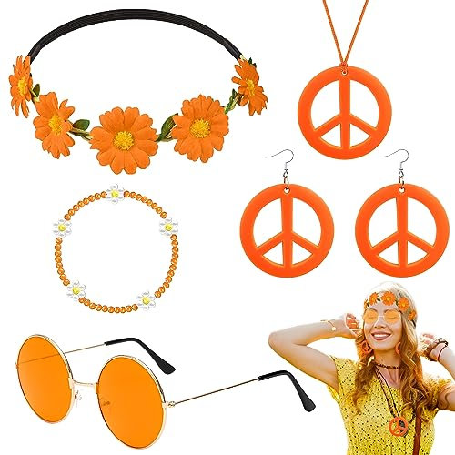5 Stück Hippie Kostüm Accessoires, Vintage Zubehör per Costume Hippie mit Brille Friedenszeichen Halskette Ohrringe Stirnband Armbänder für Damen Herren 60er 70er 80er Jahre Party Karneval