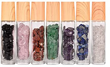 EnMart 7 Pièces Bouteilles D'Huile Essentielle, Flacon Roll On Vide 10ml avec Rouleau Pierres Précieuses, Rechargeables Bouteille Verre Vide avec Cristal pour Aromathérapie, Parfum, Massage, Voyage