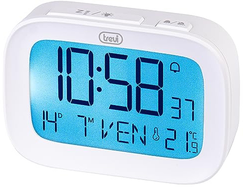 Trevi SLD 3850 Digitaler Wecker mit integriertem Thermometer, großes LCD-Display, Uhr und Kalender, Schlummerfunktion, Weiß