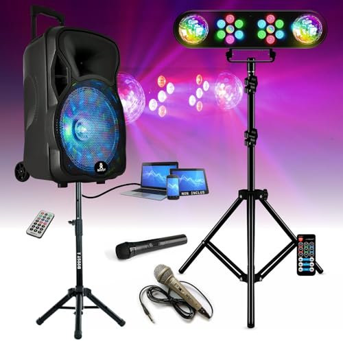 Générique Karaoké Pack Enceinte Autonome Bluetooth 600W BOOST-MOBILE12-SET - 2 Micros - Pied - Pack Lumière Pied Support LEDBAR-Astro-RC