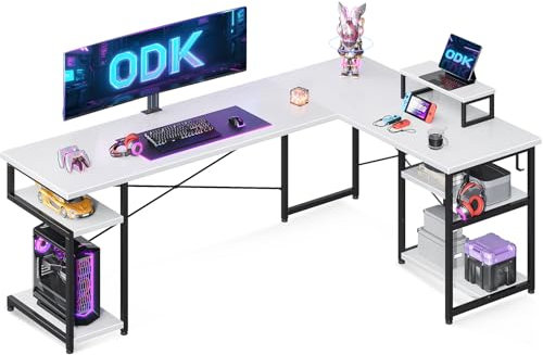 ODK Corner Desk with Storage, L Shaped Desk with Hook, Computer Gaming Table with Monitor Stand, White 168×120 cm