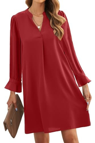ANFTFH Kleid Damen Langarm V-Ausschnitt Minikleid für Damen Freizeitkleid Elegant Pulloverkleid Damen Weihnachtskleid Partykleid Rot XXL