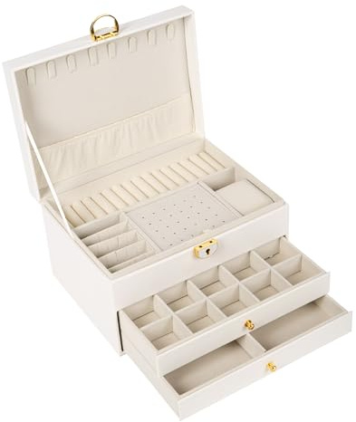 BESTIF Schmuckkästchen Schmuckbox Schmuckkasten Groß Ketten PU Leder Jewellery Box (Weiß)