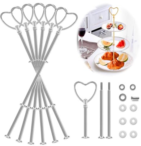 6 Pack Etageren Stangen Set Silber Herzförmig Metallstangen, Vintage Etageren Stangen, Mittige perforierte Stützstange für Tortenständer, für 2 bis 3 stufige Etagere Tortenständer, Obsttablett