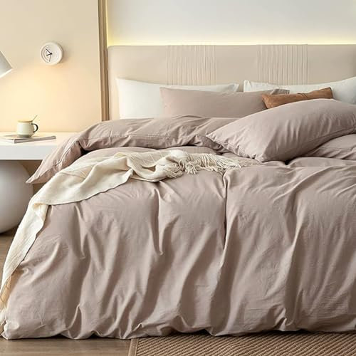 AShanlan Bettwäsche 200x200 Taupe Khaki Einfarbig Weich & Atmungsaktiv Gewaschene Microfaser Bettbezug mit 2 Kissenbezug 80x80 cm Doppelbett Alle Jahreszeiten Bettwäsche Set