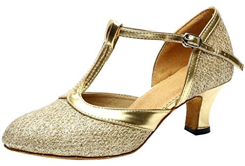 Tanzschuhe Frauen Ballsaal Tango lateinamerikanische Pailletten Schuhe soziale Schuhe Damen Schuhe Schwarz (Gold-A, 35)
