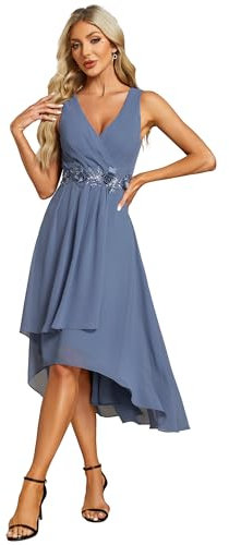 Ever-Pretty Vestido de Invitada de Boda Gasa Cuello en V Elegante Midi Vestidos de Cóctel sin Mangas Midi Falda Irregular Armada Polvorienta 44