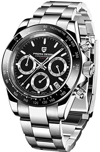 Pagani Design Klassische Quarzuhr für Herren, Japanisches Uhrwerk VK63, Keramik-Lünette, Edelstahl, wasserdicht, Business Sport, Chronograph Datum (Schwarz)