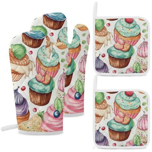 Ofenhandschuhe und Topflappen-Set, 4-teilig, Küchenhandschuhe, Cupcakes, Donuts, Muffins, Zucker, hitzebeständig, Ofenhandschuhe und Topflappen mit Aufhängeschlaufe zum Kochen, Backen