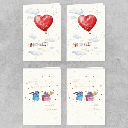 PremiumLine Hochzeitskarten, 4 Stück mit Umschlag | Glückwunschkarte zur Hochzeit | umweltfreundliche Klappkarte aus Naturkarton | edle Grußkarte 11,5 x 17 cm