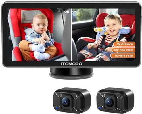 Itomoro Baby Car Camera Dual-Channel 6.8 inch Baby Car Monitor Display with 2 IR Night Vision Camera, Easily Install HD 1080P Car Camera for Baby with Crystal Clear Wide View for Rear Facing Seat