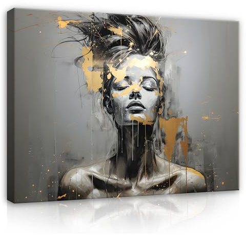 WallArena - Leinwand Bilder - Abstrakt Frau Gold Grau - 100x75 cm Leinwandbilder - Bild auf leinwand - Wandbild XXL groß Wandbilder für Wohnzimmer Schlafzimmer Wohnzimmerbilder Modern