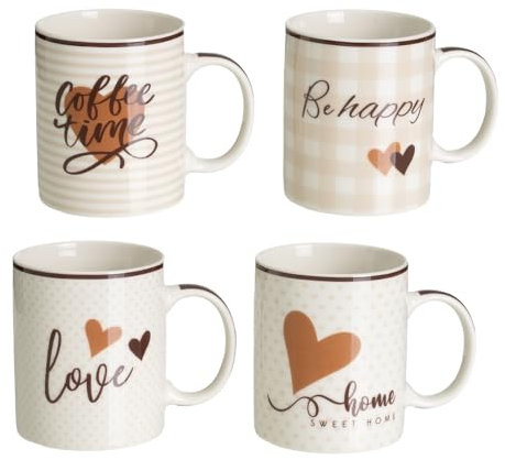 LOLAhome Juego de 4 tazas mug para desayuno con frases motivadoras marrón y beige de cerámica de 340 ml