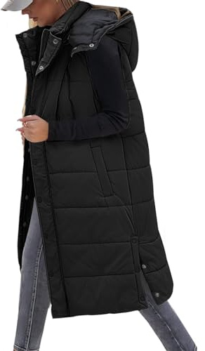 Tuopuda Damen Weste Lang mit Kapuze Herbst Winter, Steppweste Warme Longweste Übergangsweste mit Reißverschlüsse Kapuzenweste Daunenweste Winterjacke Vest Ärmellos Jacke