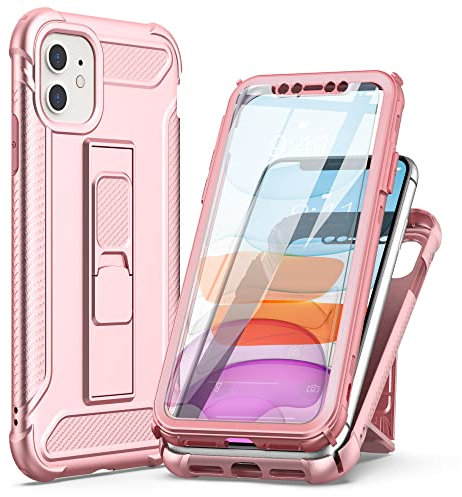 ORETECH for iPhone 11 Case, and [2 Pack Tempered Glass Screen Protector] [Built-in Kickstand] Military Grade Drop Tested Shockproof Case for iPhone 11 Case Full Body Silicone TPU Bumper Cover - Pink