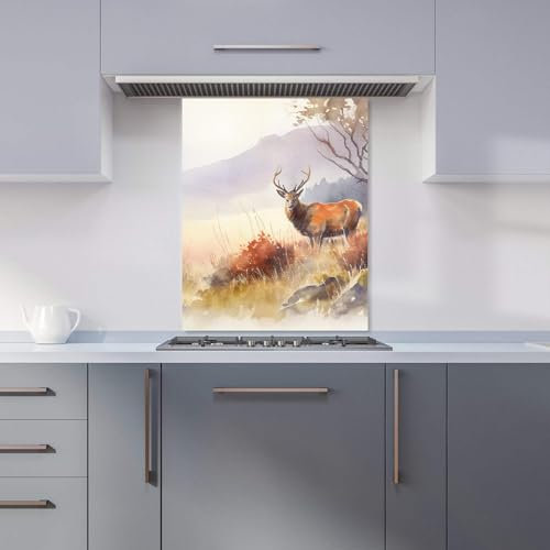 Warren Reed - Designer Premium Stag Deer Water Colour Kitchen Splashback 6mm Toughened Glass Kitchen Splashback – Heat Resistant Splashback for Kitchens, Perfect for Cookers and Hobs, Polished Edges