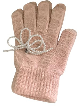 JSGHGDF 1 paio di guanti con perle e nodo a farfalla, comodi e caldi, guanti flessibili per il freddo alla moda, Rosa 1, M