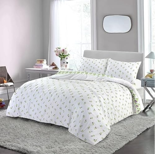 London Dream Flannel Rose Bud Duvet Quilt Cover with Two Pillowcases - Soft & Warm Thermal Flannelette Floral Rosebud 100% Brushed Cotton King Size Duvet Cover Set (230cm x 220cm) - Lilac