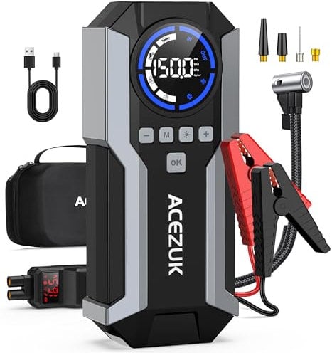 ACEZUK Avviatore Batteria Auto 6000A &150PSI, Compressore con Avviatore Emergenza per Auto/Moto 12V(Tutti Gas o 12L Diesel)Jump Starter 3.2 LCD/ 600LUMEN LED