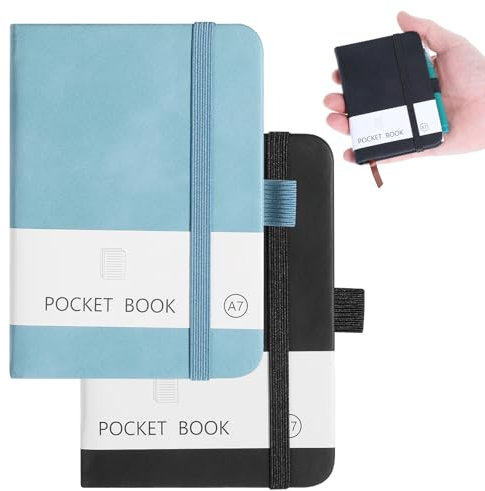 JIYIN 2 Stück Notizbuch Klein, Notizbuch A7 mit 200 Seiten Kleine Notizbücher Pocket Mini Notizblock für Schule Arbeit Reisen(Schwarz+Hellblau)