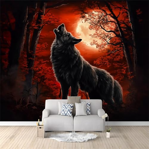 Fototapete Kinderzimmer Fantasy Wolf Dschungel Mond 400 x 280 cm Modern 3D Effekt Vlies Tapete Vliestapete Wandtapete Motivtapeten Dekoration UV-Beständig für Schlafzimmer Wohnzimmer Flur Rot Schwarz