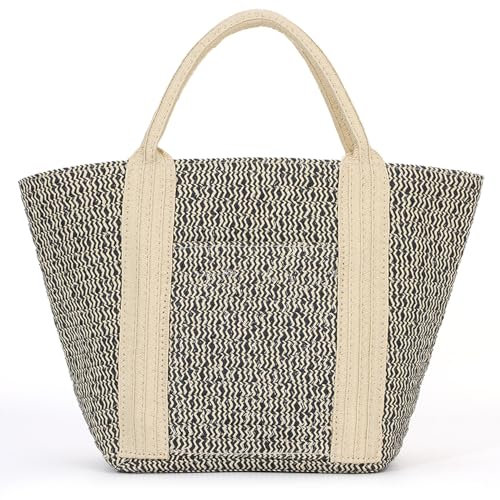 EVEOUT Sac à Main en Paille pour Femmes Léger été Bohème Cabas en Raphia Tressé pour Plage Vacances Shopping(Noir)