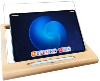 Tablet Stand Adjustable, Wooden Desktop Tablet Holder with Pencil Slot, 5 Angles Settings, Acrylic Panel, Pad Stand for Drawing Reading Typing Watching Video