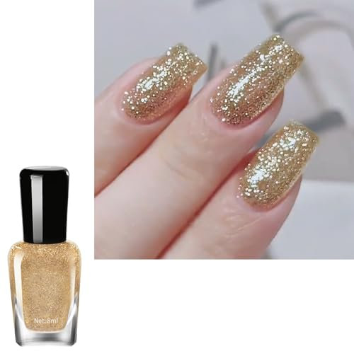 Glitter Gold Nail Polish, Golden Metallic Quick Drying Nail Varnish, Shimmering Holographic Shining Nail Gel, Sparkling Colour Long Lasting No UV Need, DIY Nail Art Manicure at Home