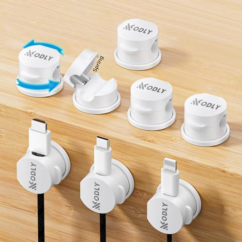 ODLY Cable Clips Organiser 8 Pack - 360° Rotating Base Spring Cable Holders with No-Residue Adhesive - Cord Management for Desk, Car, Nightstand, USB, HDMI, Charger - White (7mm)
