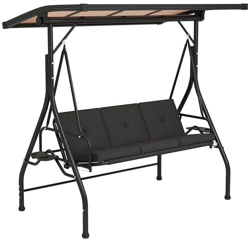 Outsunny 3 Seater Garden Swing Seat Bed with UPF30+ Adjustable Canopy, Convertible Swing Chair with Cushion, Outdoor Hammock Bench with Cup Trays for Balcony Patio, Black