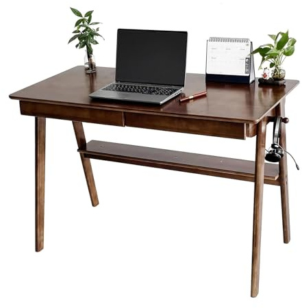 Holz-Schreibtisch mit Schublade und Hängestange, Wooden Computertisch im Heimbüro Büro Schreibtisch Massivholz Sekretär Tisch Vintage für Büro und Home-Office