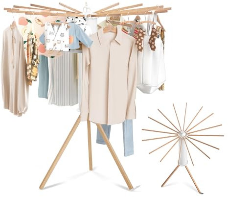 VANCHEMO Dreibein Wäscheständer Platzsparend Faltbar Trockengestell Holz 119x110cm, Trockenständer Drinnen Bodenwäscheständer Turmwäscheständer Ideal für Balkon, Schlafzimmer, Haushalt