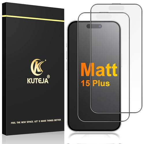 Kuteja Matt Panzer Schutz Glas für iPhone 15 Plus [2 Stück], 9H Härte Full Screen Matte Schutzfolie, Anti-Fingerabdruck, Blendschutz, Anti-Kratzen Gehärtetem Glas Displayschutzfolie