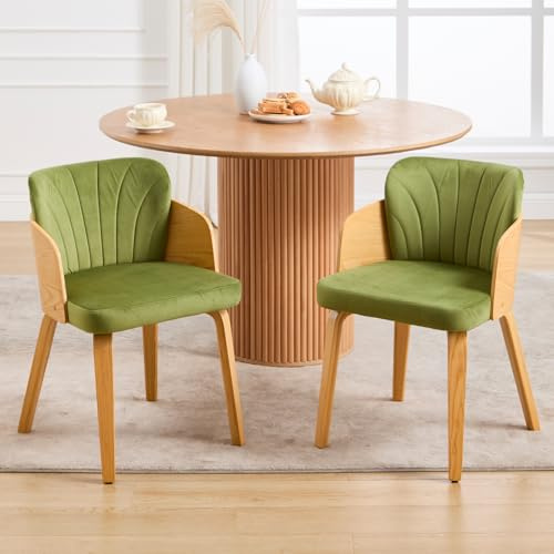 DAYALANE Esszimmerstühle 2er Set, Küchenstuhl Holz, Grün | Polsterstuhl aus Samt, mit gebogene Rückenlehne, Wohnzimmerstühle Akzentstühle Modern für Esszimmer Küche