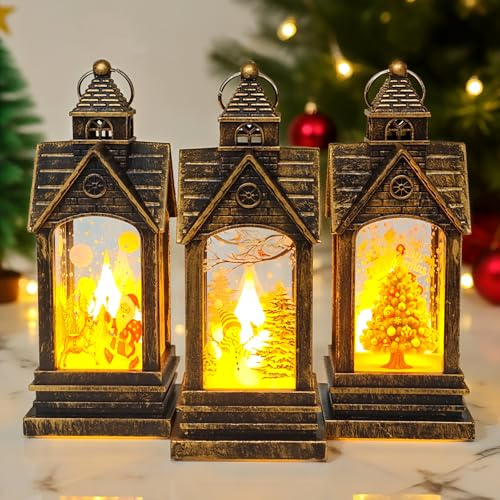 3PCS Christmas Decorations Lights Lanterns, Vintage Light Up Christmas Ornaments for Home Indoor, Xmas Table Decorations Centrepiece Candle Holder with Warm Glow for Holiday Party Table Decor