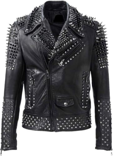 MERCH ATTIRE Herren-Bikerjacke im Punk-Stil mit Nieten, Brando-Stil, Motorradmantel
