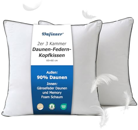 Dafinner 3 Chambres Oreiller 60 × 60 cm Lot de 2 | 90% Duvet Chambres ext. | Mélange plumes chambres int.| Oeko-TEX | Downpass | Soutien moyen | Coton biologique